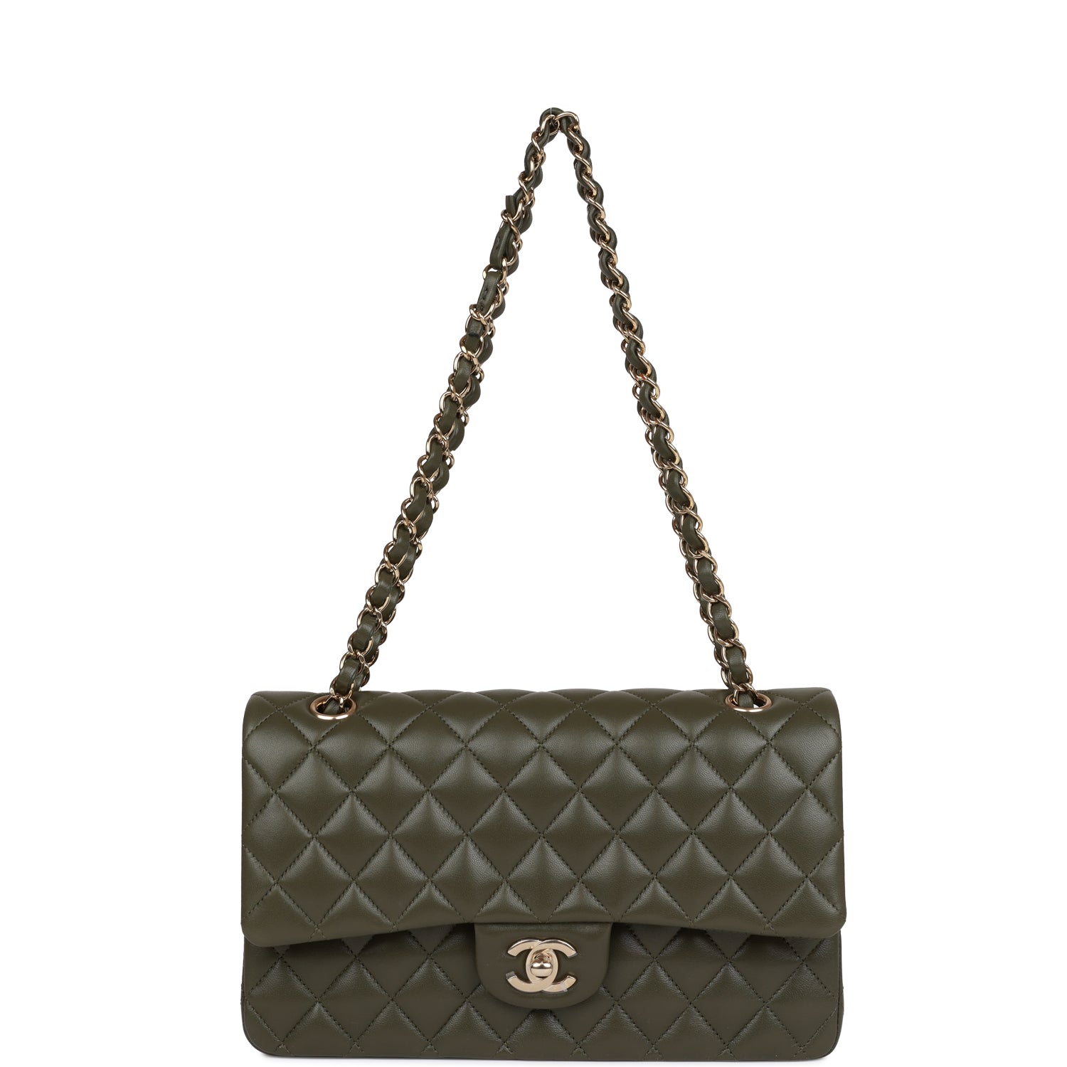 Ch**el Medium Classic Double Flap Bag Olive Calfskin Light Gold Hardware