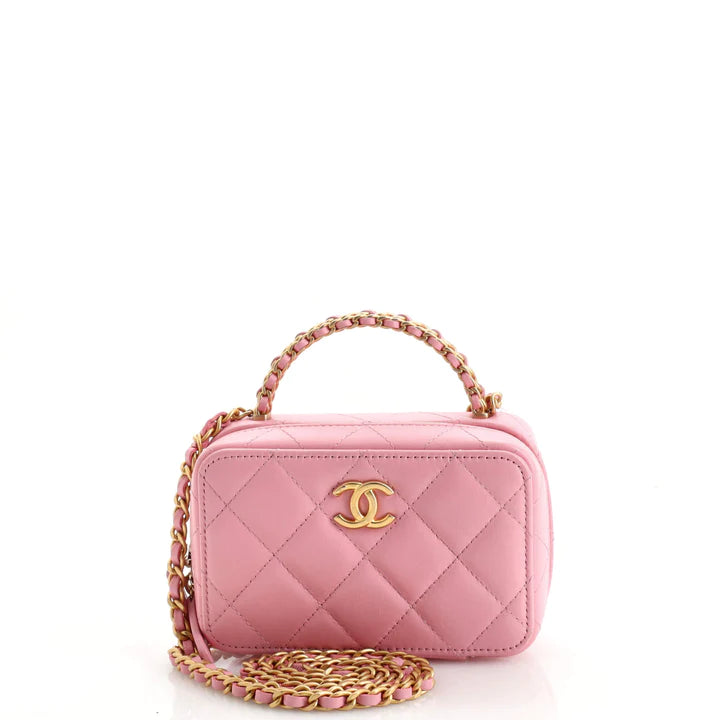 Ch**el CC Chain Handle Zip Around Vanity Case with Chain Quilted Lambskin Mini