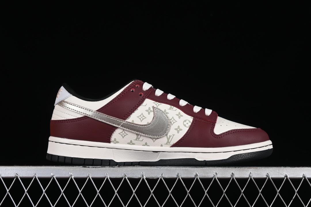 L0vis Vvtt0n x Nike Dunk Low joint custom-burgundy silver hook SB low-top casual sneakers