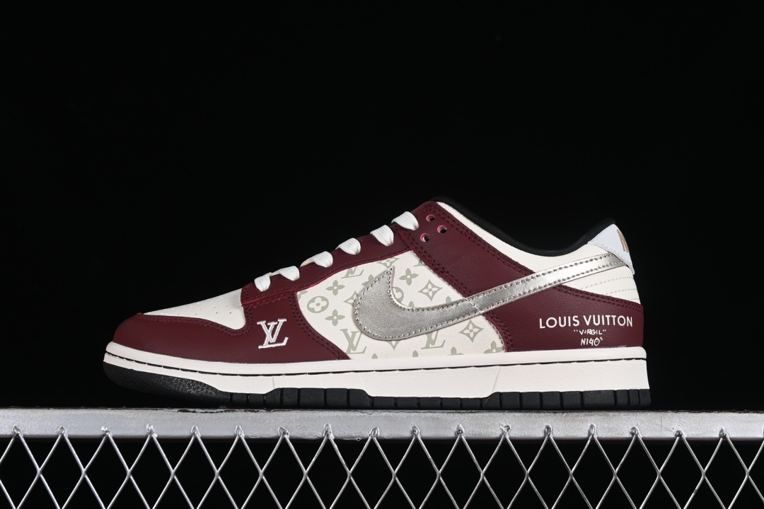 L0vis Vvtt0n x Nike Dunk Low joint custom-burgundy silver hook SB low-top casual sneakers