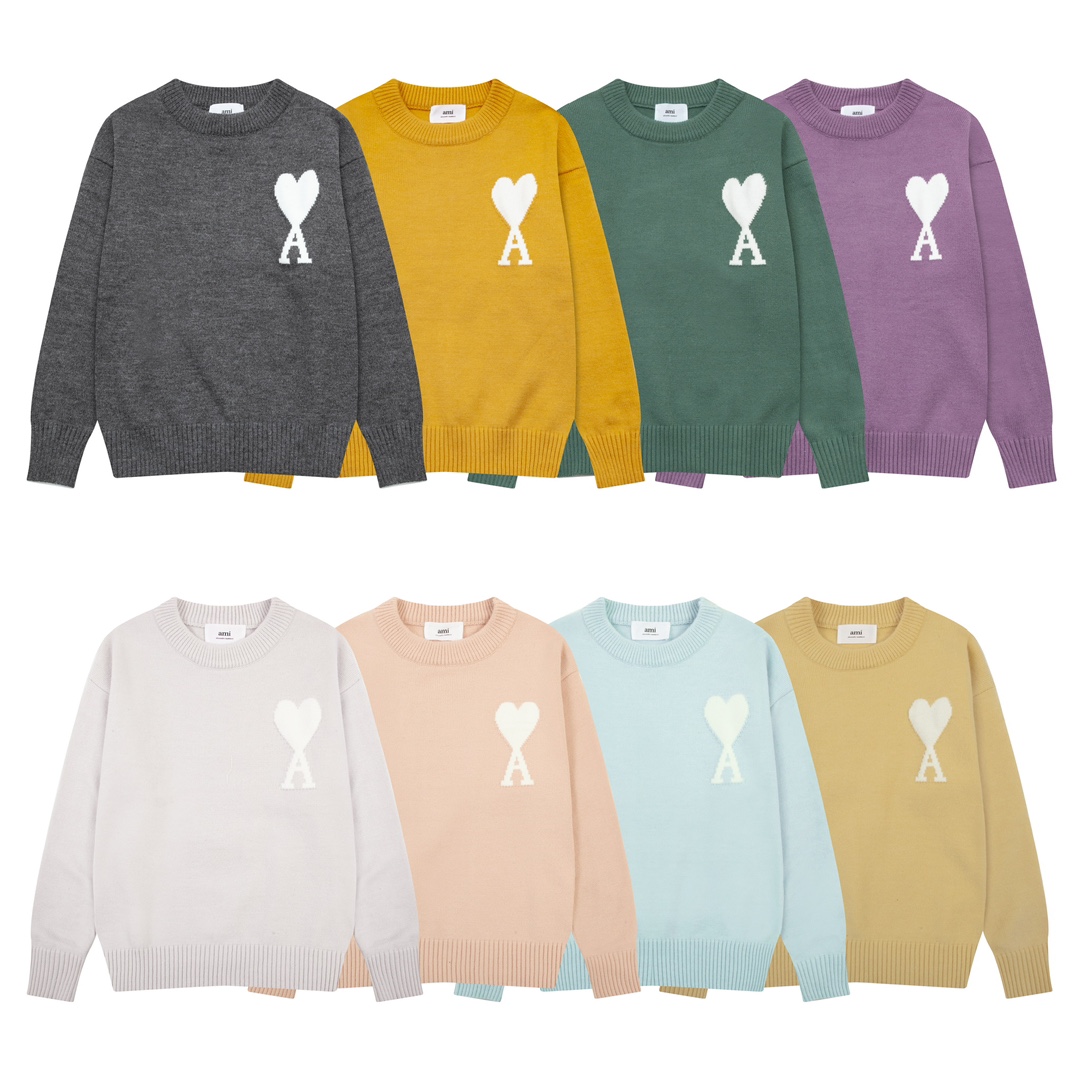 AMI Paris 2024 Autumn and Winter New Collection: Big Heart Alpaca Blend Soft Waxy Knitted Round Neck Cloud Sweater (Oversize Unisex Style)